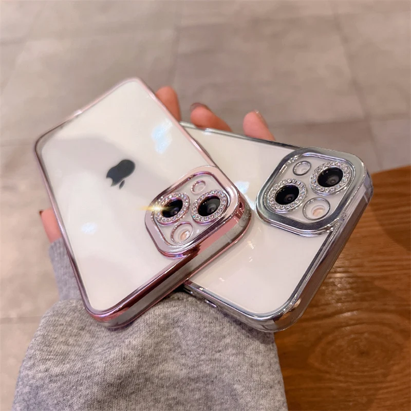 

Bling rhinestones camera lens protective clear plating TPU case for iphone 13 12 11 pro max 12 pro silicone back cover capa
