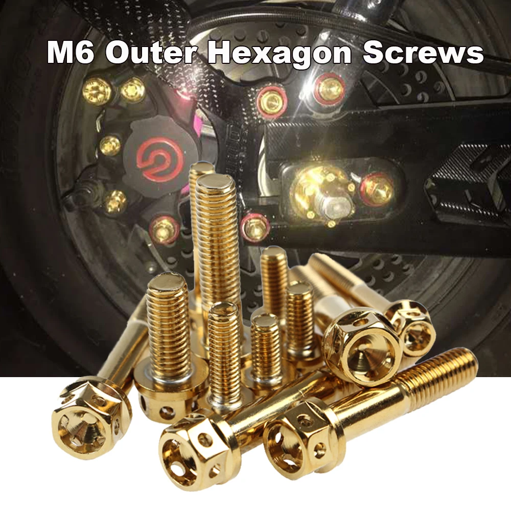 

M6 Motorcycle Gold Screws Nut 304 Stainless Steel Bolt Outside Hex Head Cap Bolts M6*10/15/20/25/30/35/45/45/50/55mm Hexagon