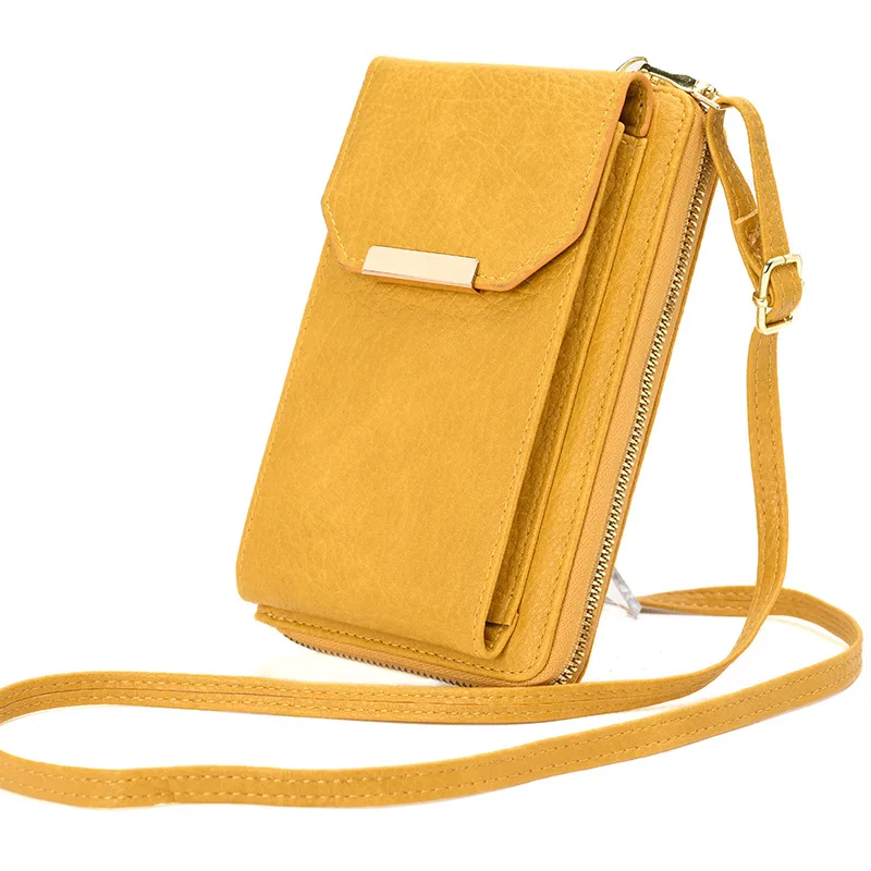

New Women Purses Solid Color Leather Shoulder Strap Bag Mobile Phone Bag Card Holders Wallet Handbag Pockets for Girls