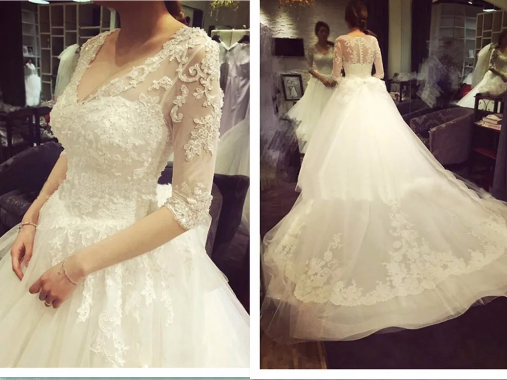 

bow lace appliques sleeves Wedding bridal gown 2018 deep v-neck vestido de noiva casamento brides Mother of the Bride Dresses