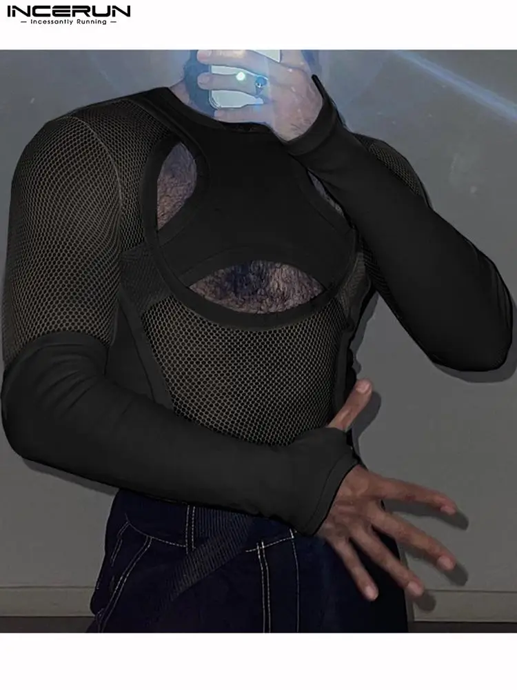 

INCERUN Tops 2022 American Style New Men's Camiseta Grid Stitching Pit Strip Tees Hollow See-though Long-sleeved T-shirts S-5XL