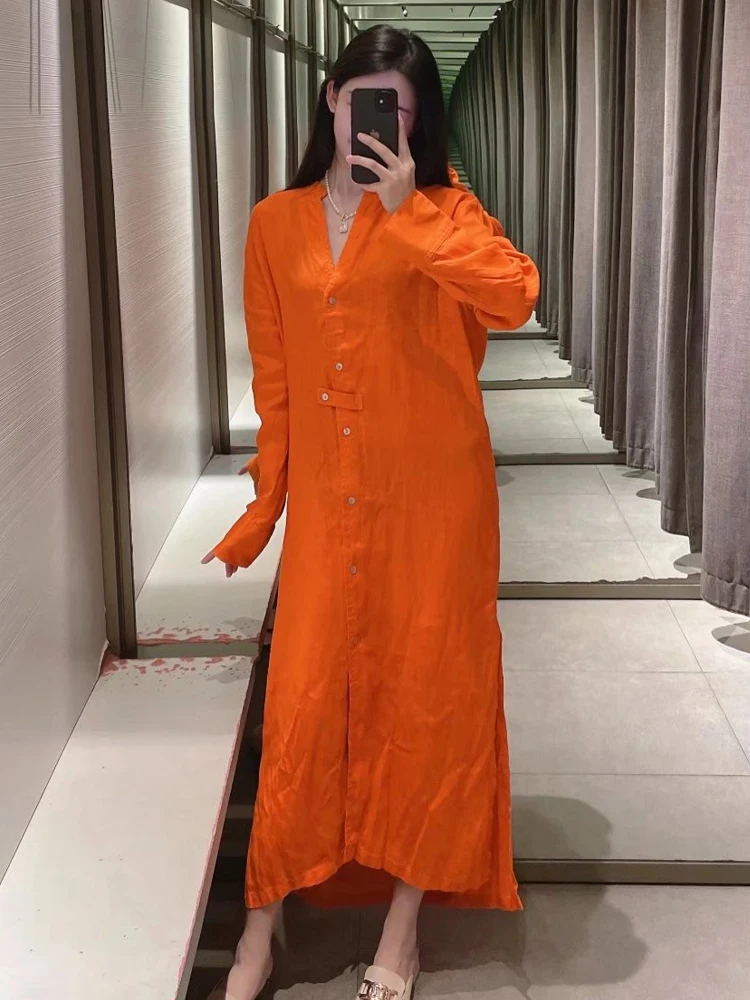 Платье-рубашка женское оранжевое средней длины с длинным рукавом |
