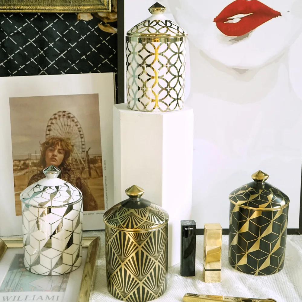 Geometric New Gold and Silver Black Ceramic Candle Jars and Lids Decoration Cup Tazas Diseño Candlestick Holder