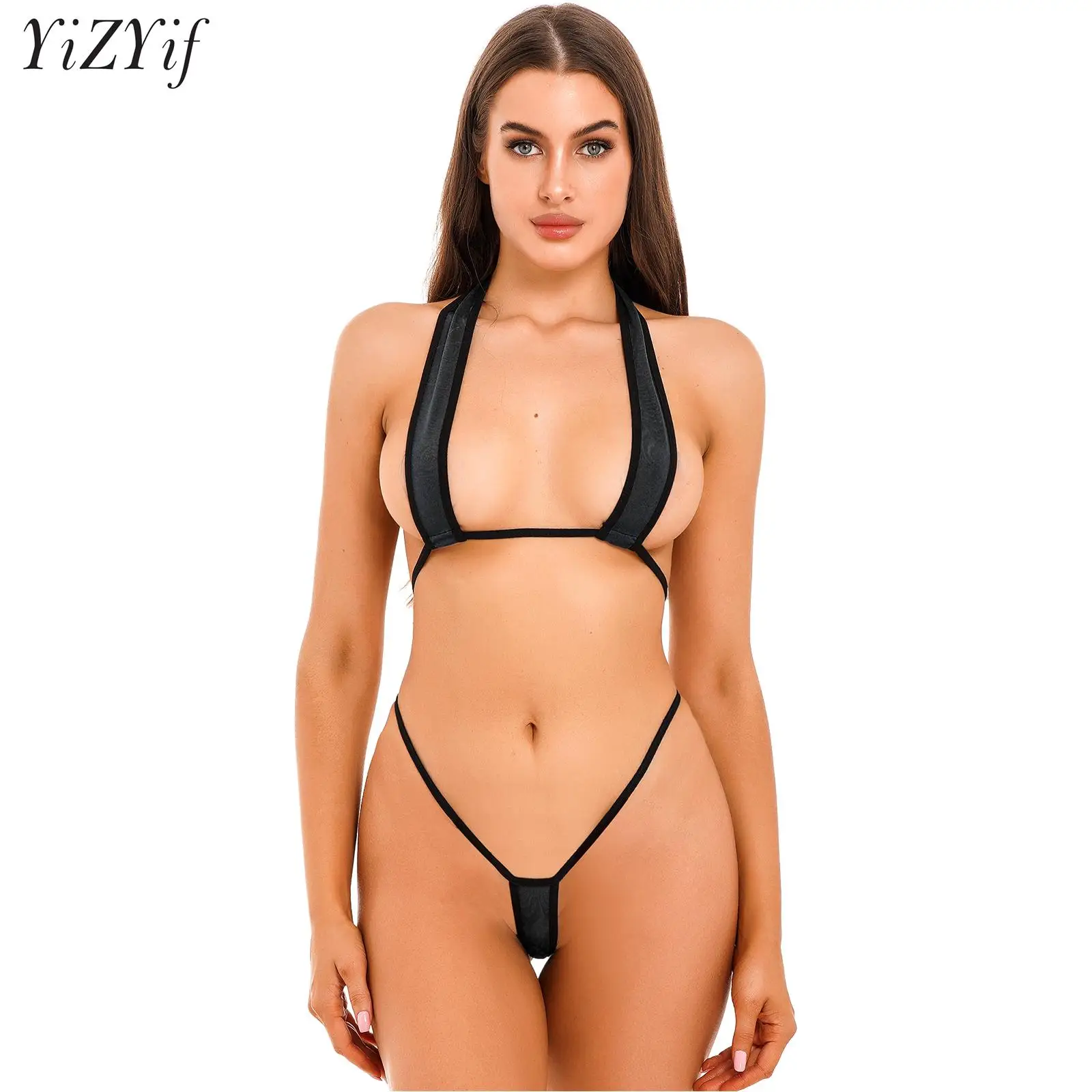 

Womens Two Piece Mini Micro Bikini Set Halter Bra Top with G-String Thong Sexy Extreme Swimsuit Bathing Suit Beach Swimwear