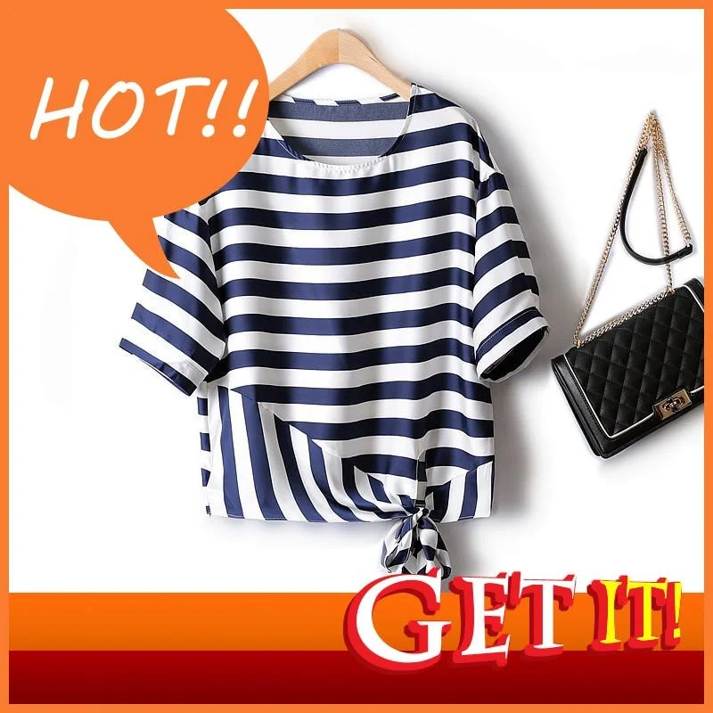 

2023 Summer Stranger Korean Things Fashion Wide Striped Hem Bow Raglan Sleeve Chiffon Women's Short-sleeved Oversized T-shirts