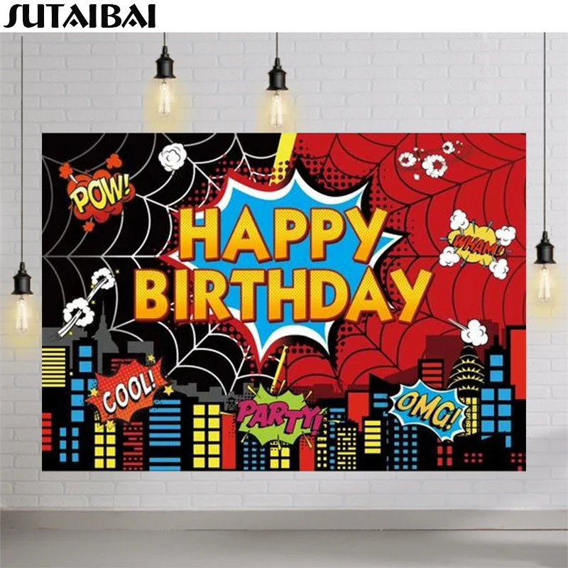 Happy Birthday Party Superhero Backdrop Comics Children Buildings Spider Web Boom Cityscape Building Theme Photocall Background