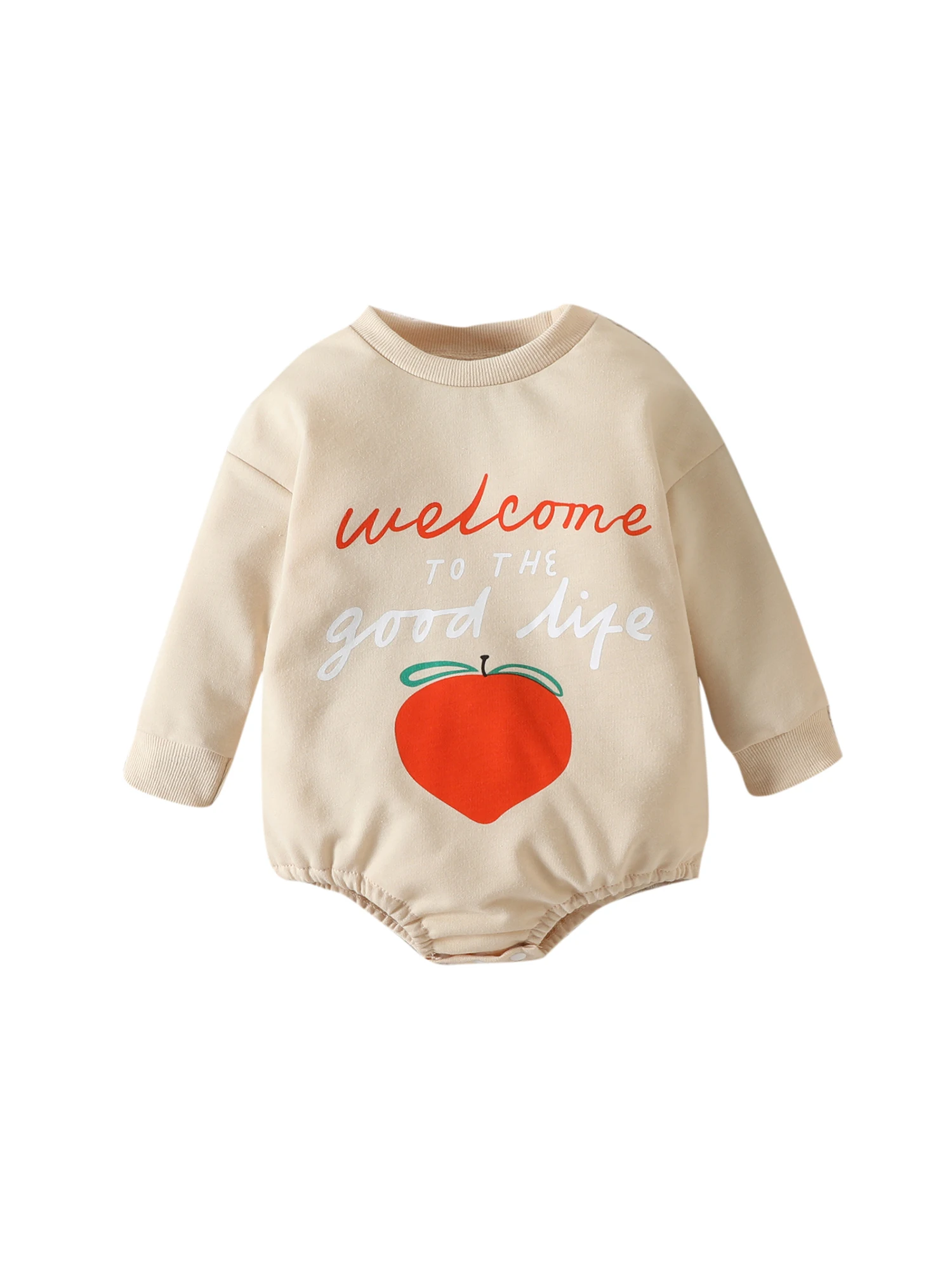 

Newborn Baby Fall Romper Casual Long Sleeve Round Neck Peach Letter Print Bodysuit
