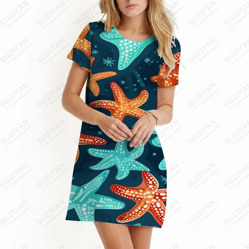 

Starfish 3D Print Dress Summer Beach Vacation Style Dress Fashion Loose Casual Large Size Dress Street Short Sleeve Dress