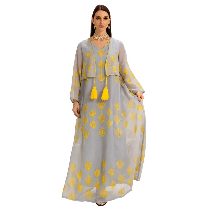 

Abaya женское роскошное серое кружевное желтое платье Дубая с вышивкой с длинным рукавом бахромой элегантное женское официальное платье