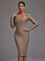 khaki long sleeve bandage dress 2022 new women bandage dress bodycon high quality elegant sexy evening club party dress