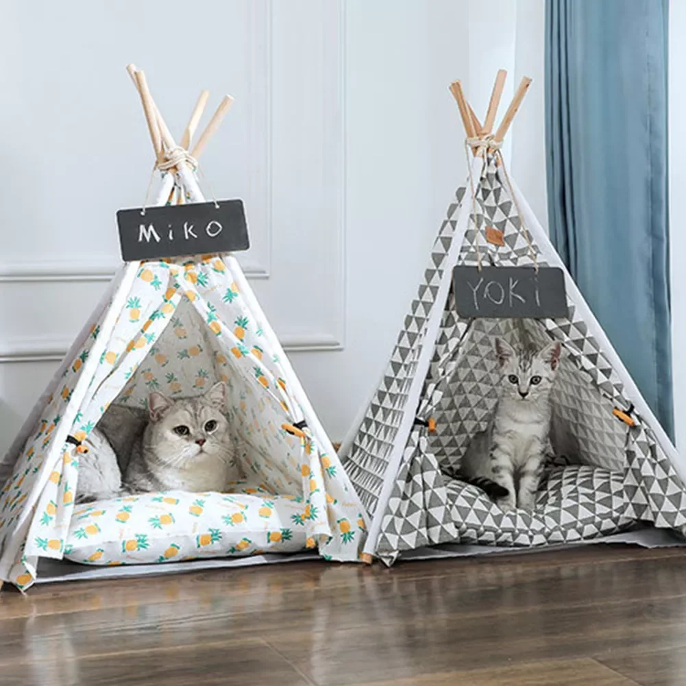 

2023NEW Pet Tent House Dog Bed Portable Removable Washable Teepee Puppy Cat Indoor Outdoor Kennels Cave with Cushion and Blackbo