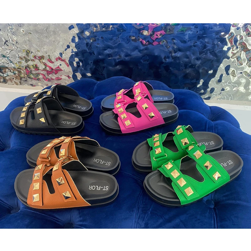 Summer New Fashion Rivet Sandals Solid Color Women's Low Heel Beach Slippers Sexy Open Toe Casual Women's Shoes Plus Size