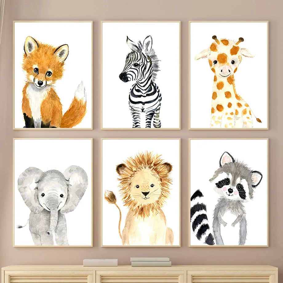 

Boho Raccoon Elephant Lion Fox Zebra Giraffe Nursery Poster Nordic Wall Art Print Canvas Painting Pictures Baby Kids Room Decor