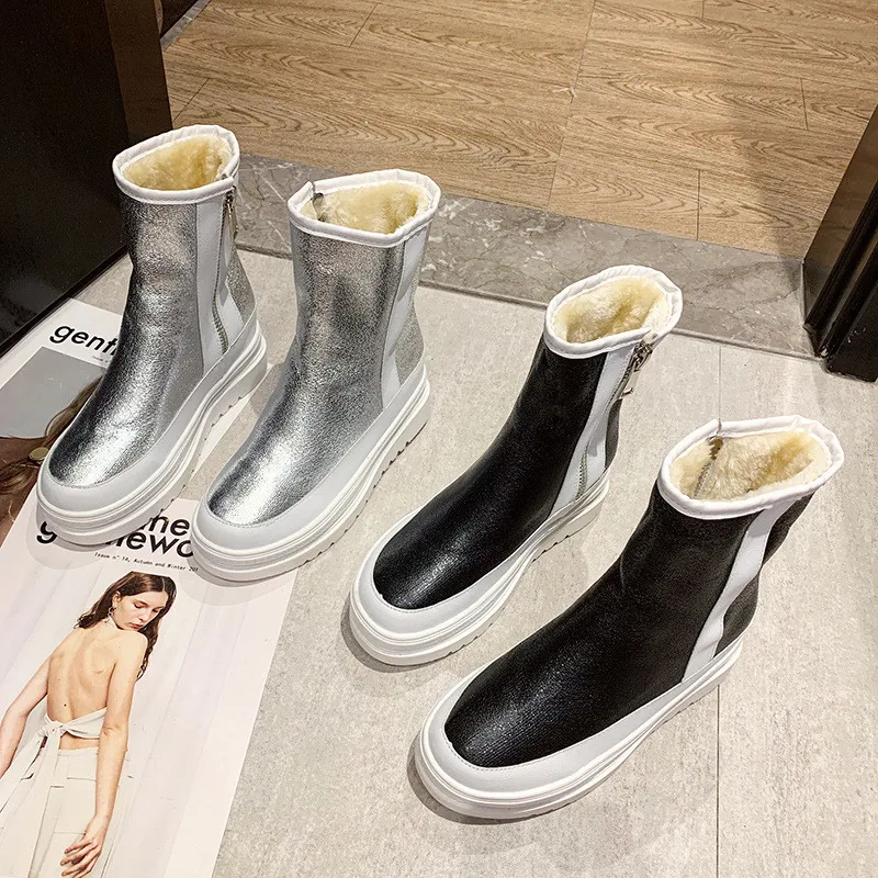 Snow Boots New Women's Winter Shoes Thick Sole Plaforms Ankle Boot Round Toe Thick Plush Warm Cotton Shoe Side Zip Silver Black
