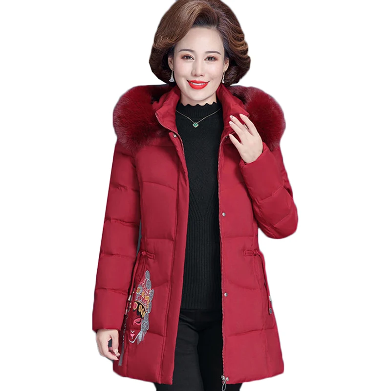Middle Aged Women Cotton Padded Coat Down Jacket New Fashion Hooded Fur Collar Parkas Women Winter Jacket Coat Outerwear