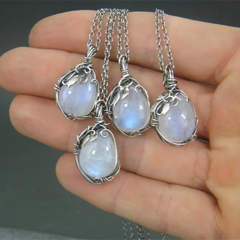 

Moonstone Pendant Necklace Artificial Gems Thorny Leaf Rattan Irregular Waterdrop Stone Necklace Vintage Boho Necklace Jewelry
