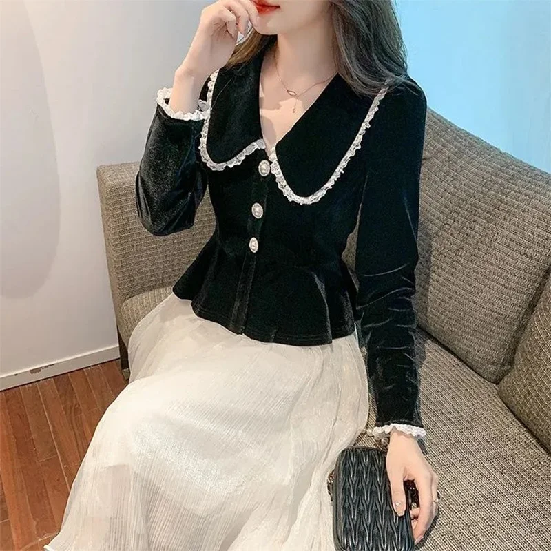 Корейский женский бархатный кардиган блузка весенне-осенняя женская рубашка с