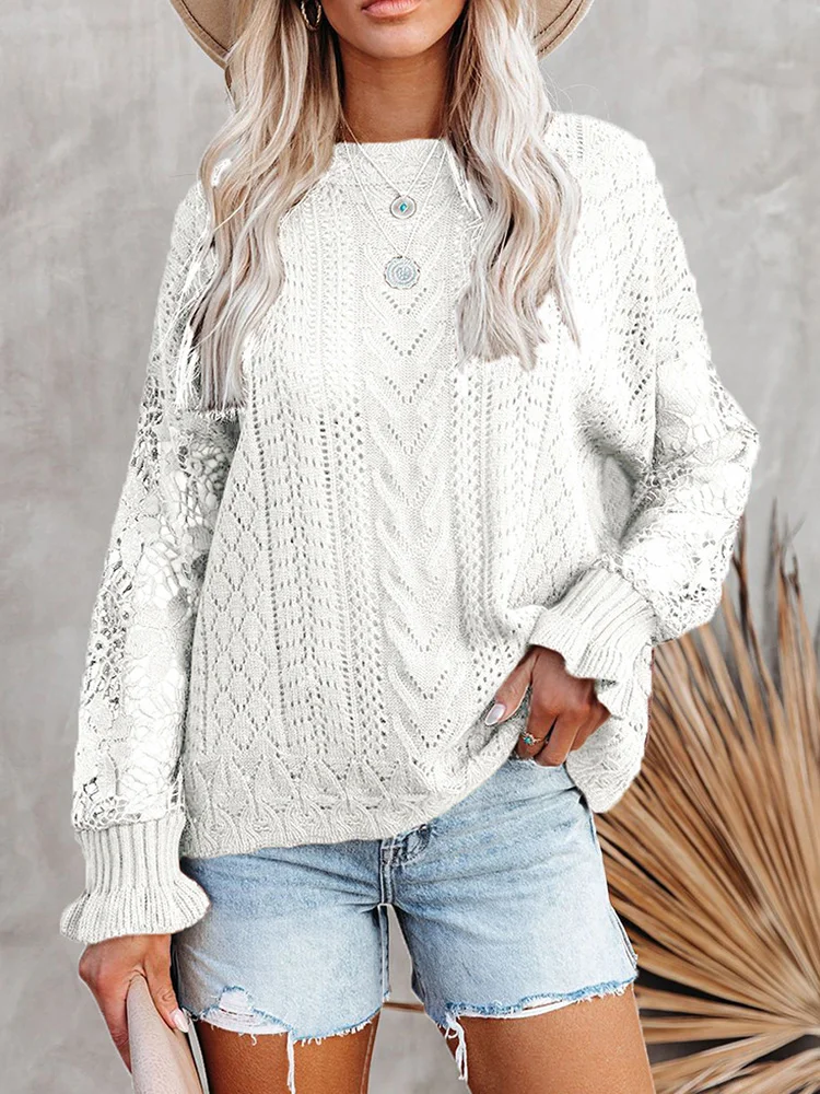 

Hollow Out Sweater Women Solid Color Round Collar Loose Style Knitwear Elegant Spring Autumn Long Sleeve Female Tops