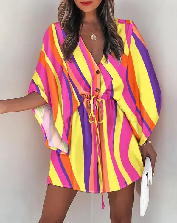 

Женское платье с V-образным вырезом и короткими рукавами, элегантное пляжное платье в разноцветную полоску, стильный сарафан, лето 2022