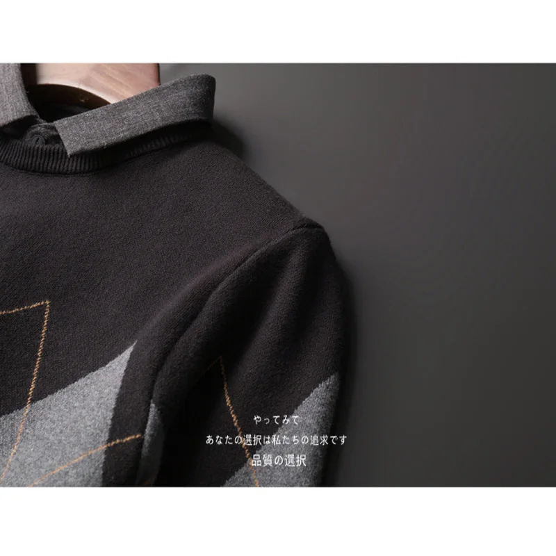 Fake Two Pieces Sweater For Men 2022 New Arrivals Winter Male Knitted Pullover Fashion Geometrical Pattern Korean Style M19
