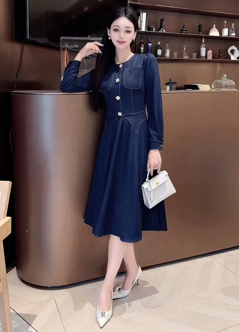Джинсовое платье высокого качества 2024 весенняя мода женское повседневное синее