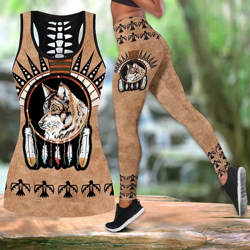 

Native Wolf Print Combo Legging + Hollow Tanktop Yoga Suit Sports Tank Tops Yoga Leggings Keep Slim Plus Size
