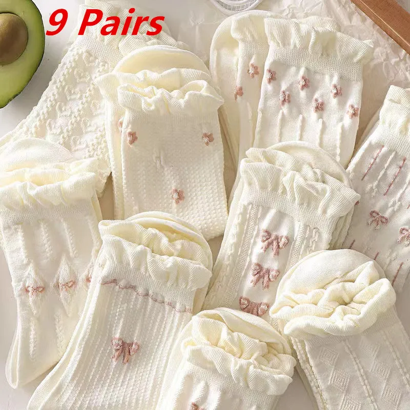 

Носки женские с оборками, универсальные милые хлопковые средней длины с бантом, в стиле «Лолита», Харадзюку, Jk, 9 пар/комплект