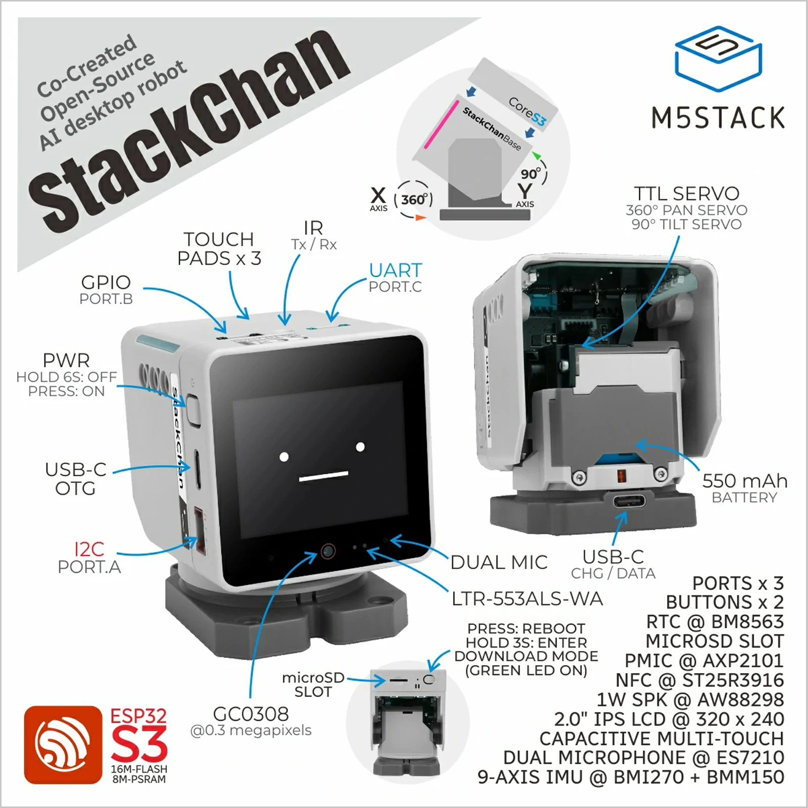 Фото Настольный робот M5Stack StackChan AI CoreS3 ESP32: Умный программируемый компаньон с голосовым управлением (Kawaii Companion) №1