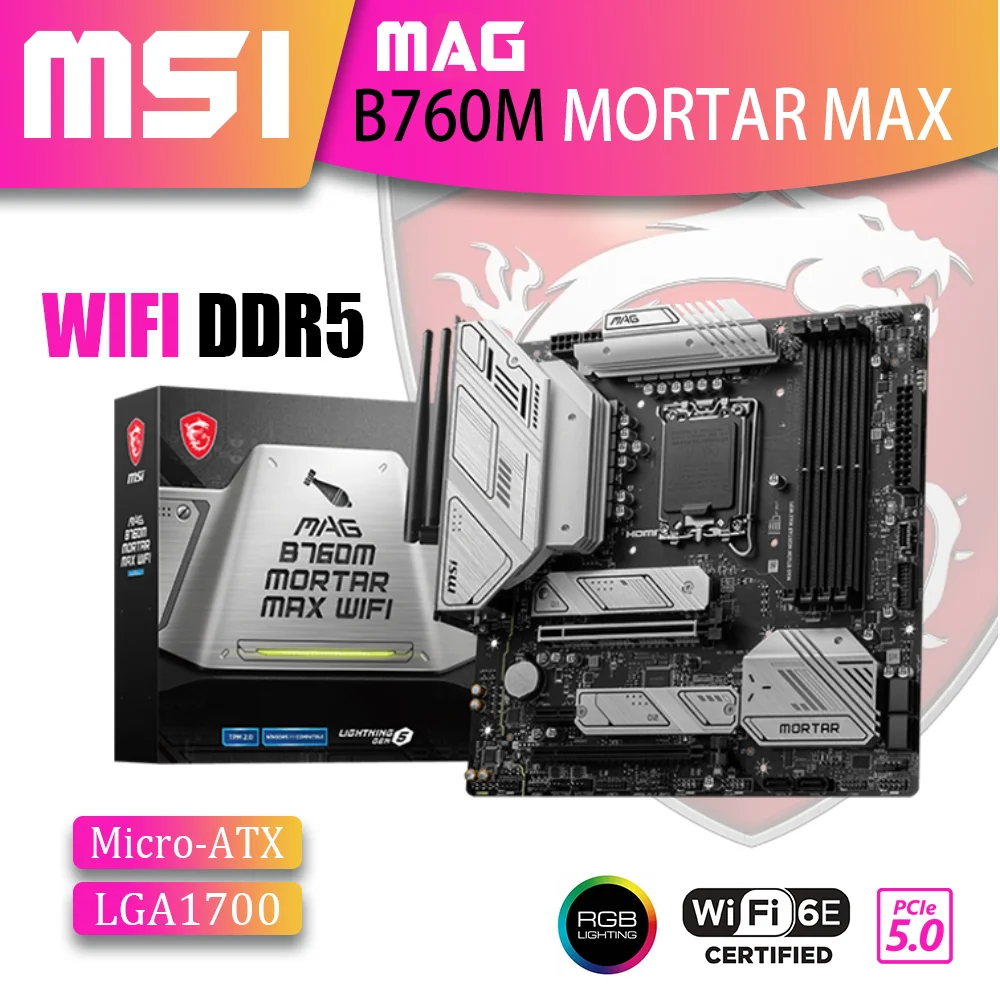 

New MSI MAG B760M MORTAR MAX WIFI DDR5 Motherboard LGA1700 Mainboard 128G Support Intel 12th 13th Gen i5 i7 i9 Kit mATX RGB