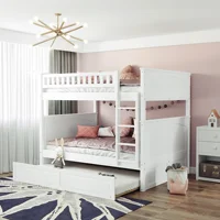 Home Modern Wooden Bedroom Furniture Bed Full Over Full Bunk Bed With Twin Size Trundle Pine Wood Bunk Bed With Guardrails White