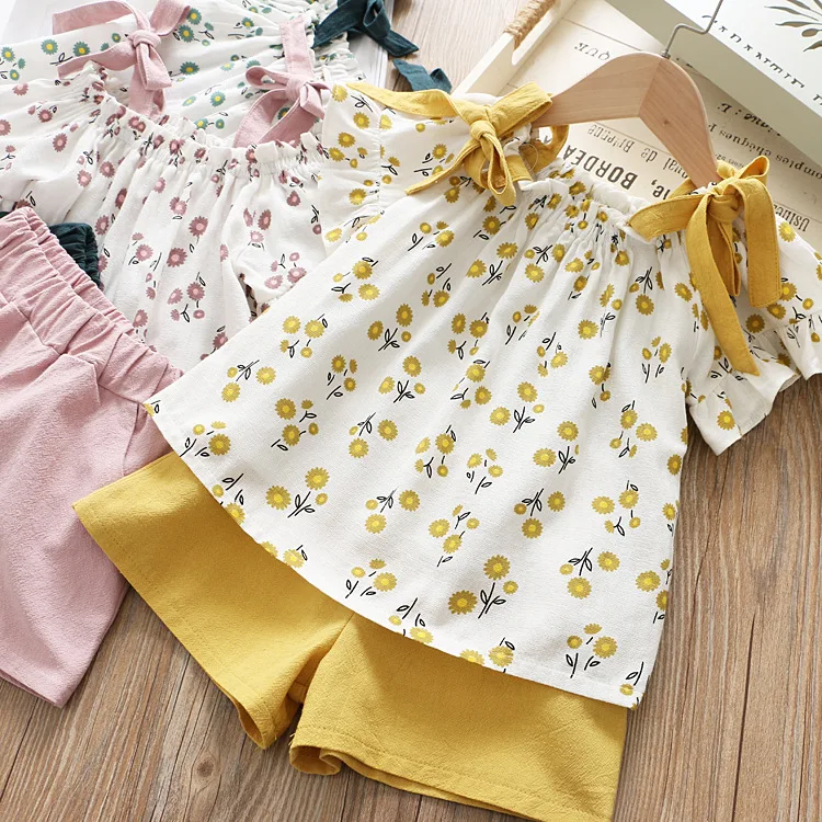 

T-shirt Girl Girls Suit 2pcs Shorts Casual Kids Suit Floral Summer Bow Children Sets Clothing Sleeveless Pants Sets Clothing