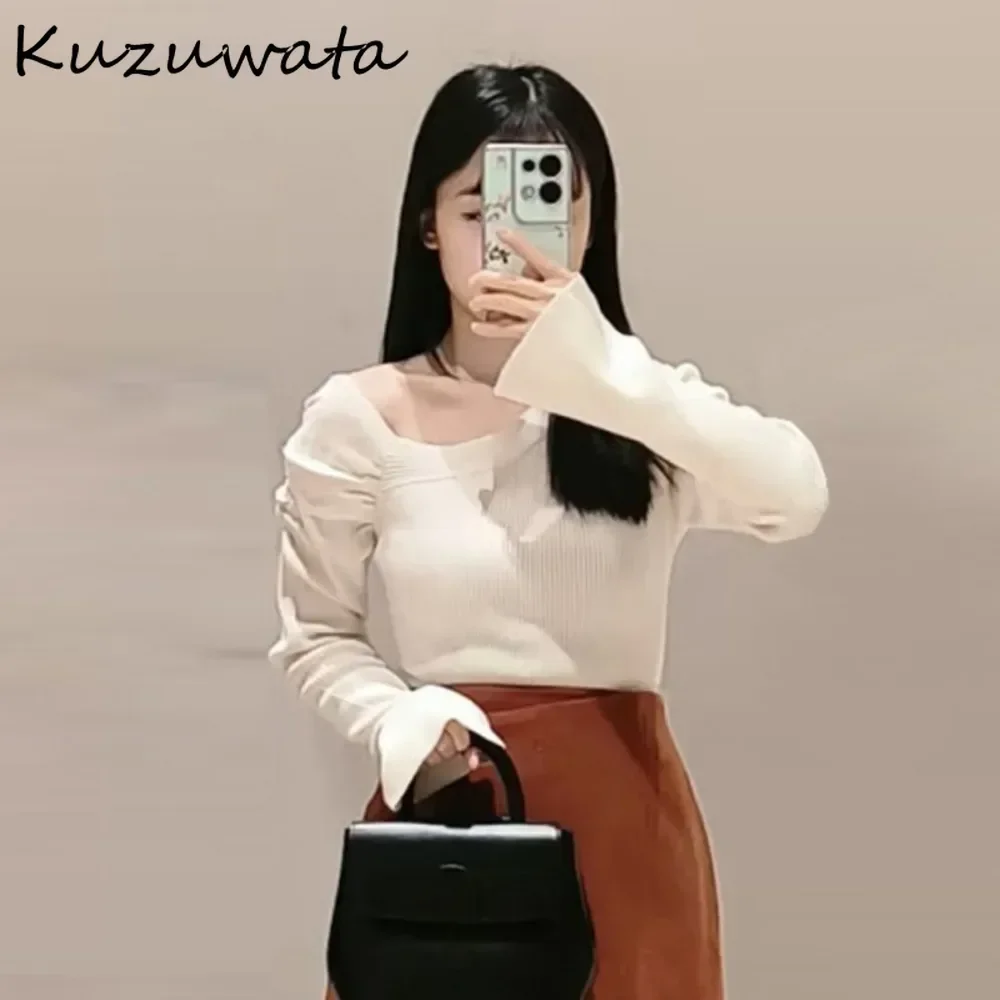 Kuzuwata повседневный тонкий укороченный топ с косым воротником и пышными рукавами