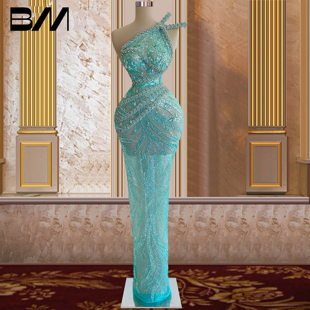 

Beaded Sequined Prom Gowns Custom Made One Shoulder Sleeveless Graduation Party Dresses Mint Green Mermaid Evening Dresses