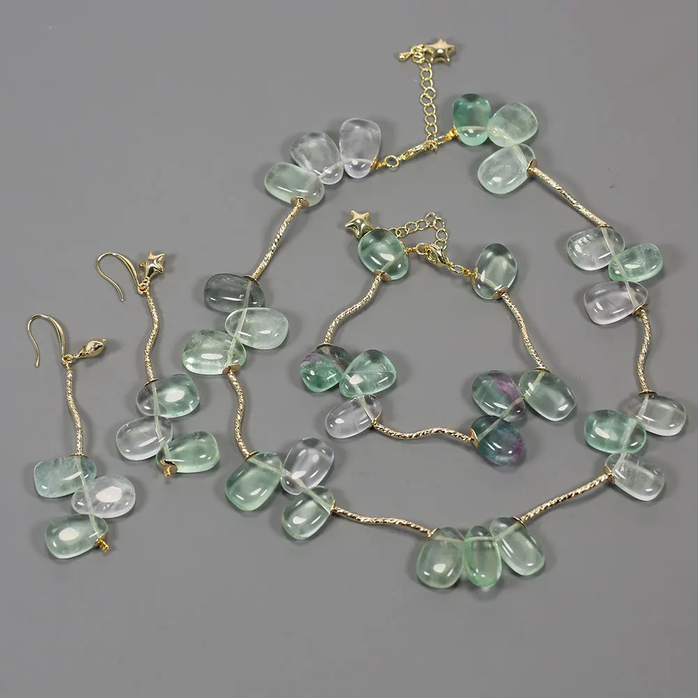 

GuaiGuai Jewelry Real Mix Color Fluorite Freeform Point Chain Station Necklace Bracelet Earrings Sets Women Simple Gifts
