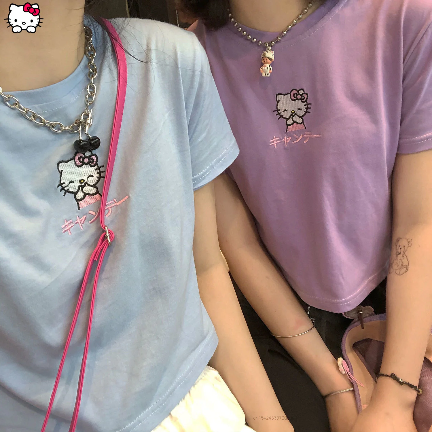 Sanrio Hello Kitty Cartoon  Summer New Embroidered Short Sleeved T-shirt Women's Sweet Japanese Colorful Short Top Fashion Girl