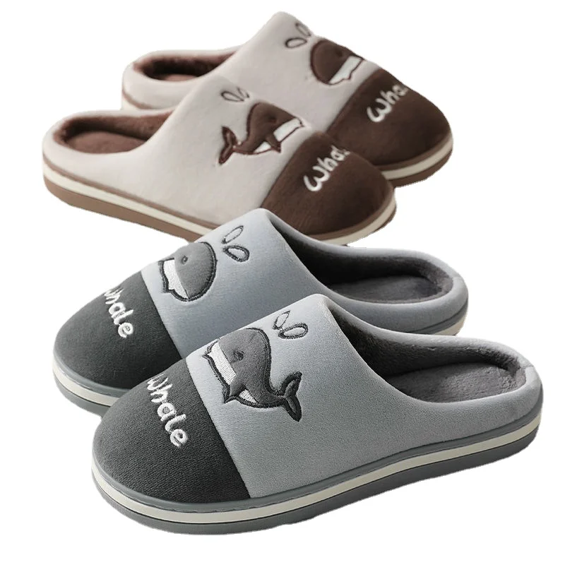 

Зимние хлопковые тапочки Minimlsa для мужчин и женщин, домашние тапочки с изображением дельфина, плюшевые Нескользящие зимние теплые тапочки д...