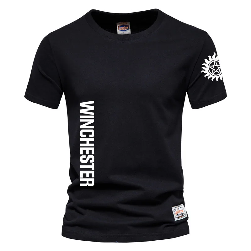 

Футболка Winchester мужская с принтом логотипа, удобная свободная рубашка из 100% хлопка с короткими рукавами, летний тренд