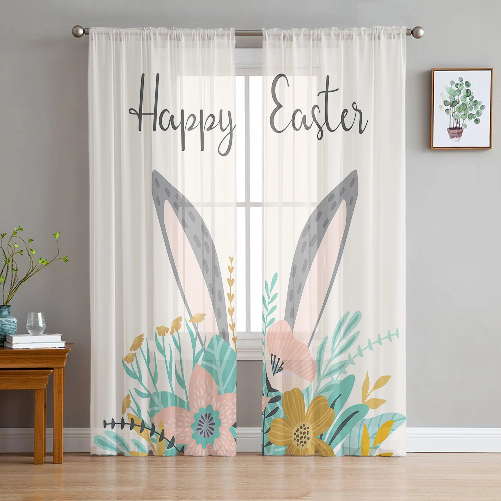 Easter Bunny Easter Eggs Flower Sheer Curtains for Living Room Voile Curtain Bedroom Bathroom Tulle Curtains Window Drapes