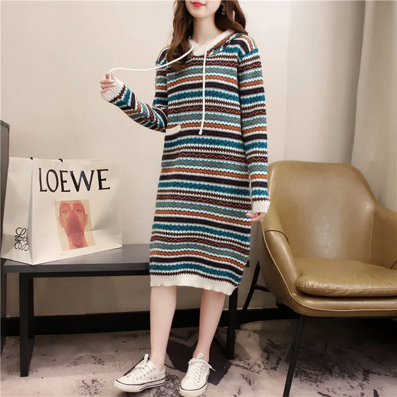 Длинные свитера для женщин мода 2025 года с длинным рукавом в полоску элегантный