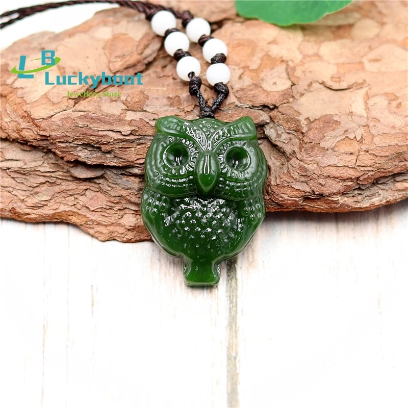 

Natural Green Chinese Jade Owl Pendant Necklace Charm Jewellery Fashion Accessories Hand-Carved Luck Amulet Gifts