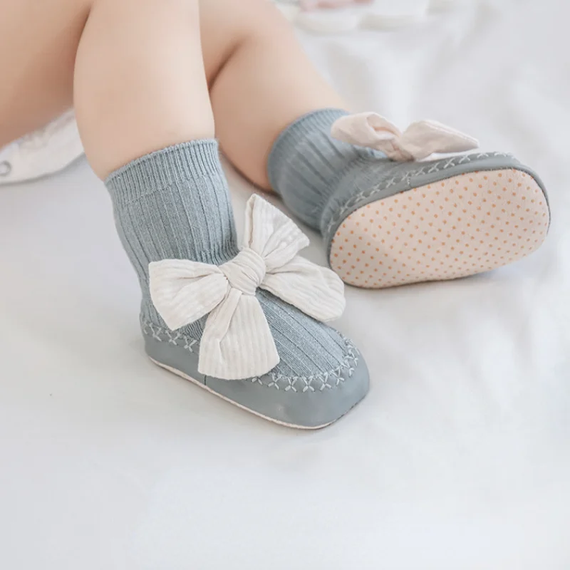 Korean Super Soft Leather Sole Baby Bow Princess Socks Shoes for Infant Toddler Socks Floor Socks Little Girl Socks 0-2years Old