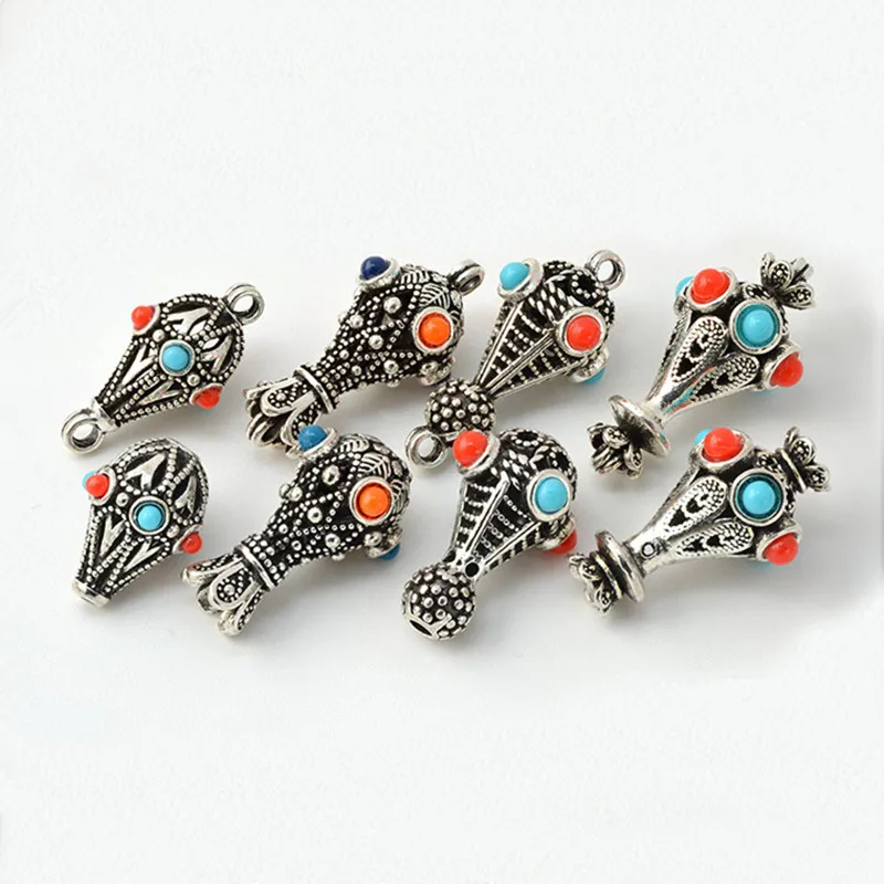 

20 PCS Antique Silver Plated Inlaid Hollow Double Hanging Beads Handmade Alloy Spacer Bead DIY Jewelry Accessories