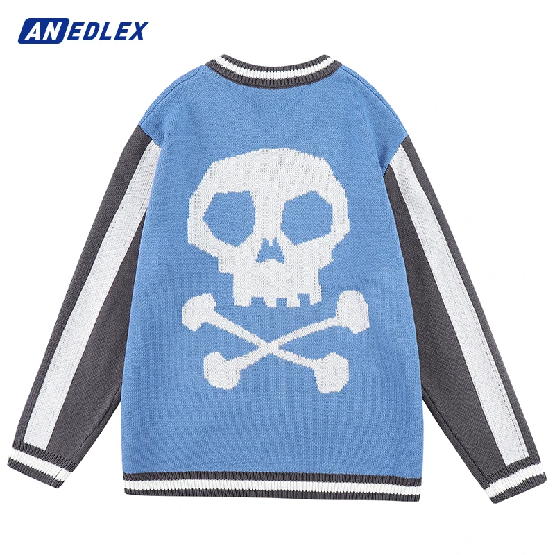 

Hip Hop Men Autumn Winter Knitted Sweater Pocket Zip Design Letter Skull Embroidery Pullover Harajuku Loose Cotton Sweater Coat