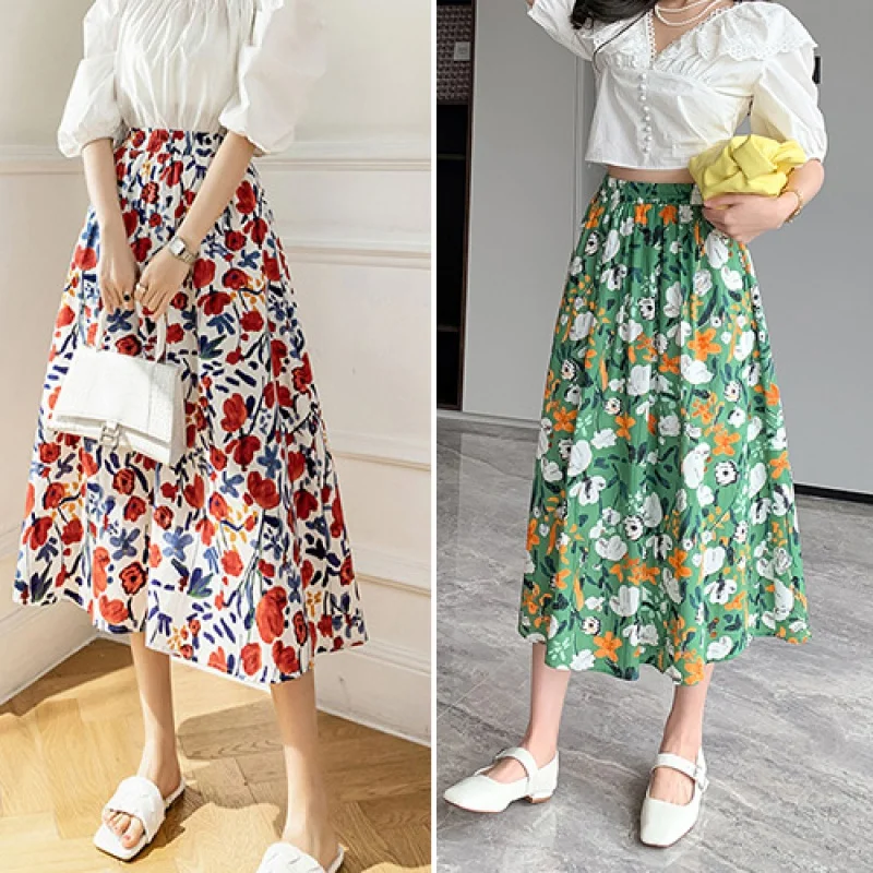 

Little Poker Comfort Banding Color Full Vibe Green Red Summer Floral Pattern A-line Flare Linen Long Scutt Summer Holiday resort