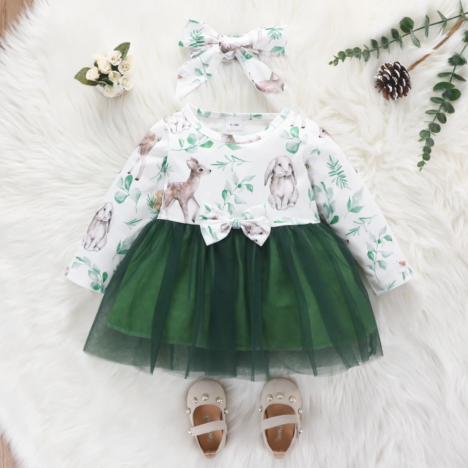 

Newborn Baby Girl Spring Long-Sleeved Skirt Infant Girl Cute Cartoon Animal Lace Skirt Kids Girl Princess Skirt + Headband 2Pcs
