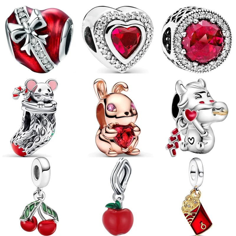 New Red Heart Peace Rabbit Apple Cherry Socks Zircon Fashion Beads Fit Original Pandora Charms Silver Color Bracelet DIY Jewelry