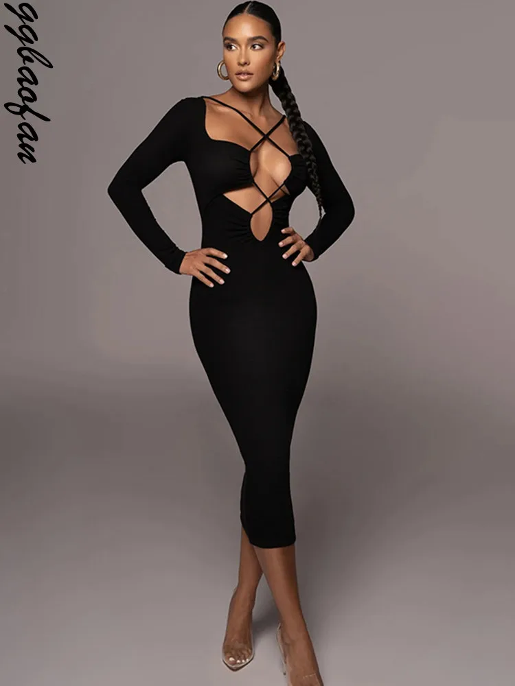 

Ggbaofan Elegant Bandage Sexy Cut Out Bodycon Midi Dress Women Fashion Outfits Long Sleeve Shift Dresses Robe Clothes Autumn