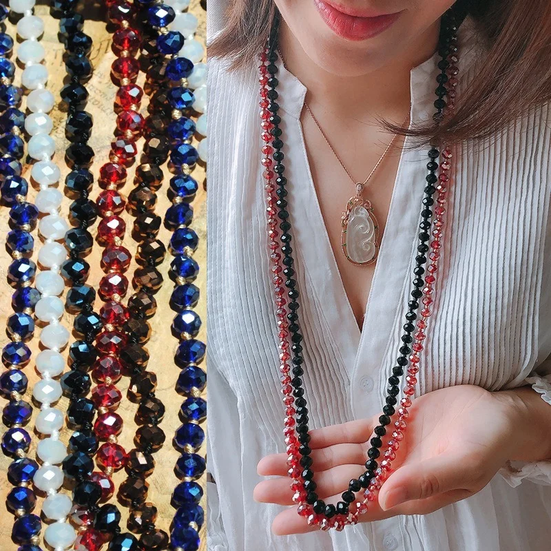 

2023 Bohemian Handmade Shiny 8mm Crystal Bead Sweater Chain Pendant Fashion Colored Zircon Long Necklace Jewelry for Women Gift