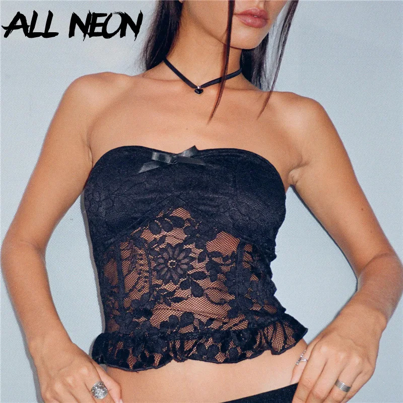 

ALLNeon Y2K Sexy Patchwork Black Lace Croset Tops Women Slim Grunge Strapless Transparent Tanks New Tupe Vest Clubwear Summer