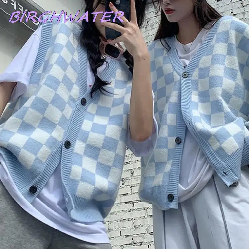 

Women Checkerboard Sweater Vest Korean V-neck Oversized Plaid Preppy Knitted Vests Fashion Sleeveless Knitwear Jackets